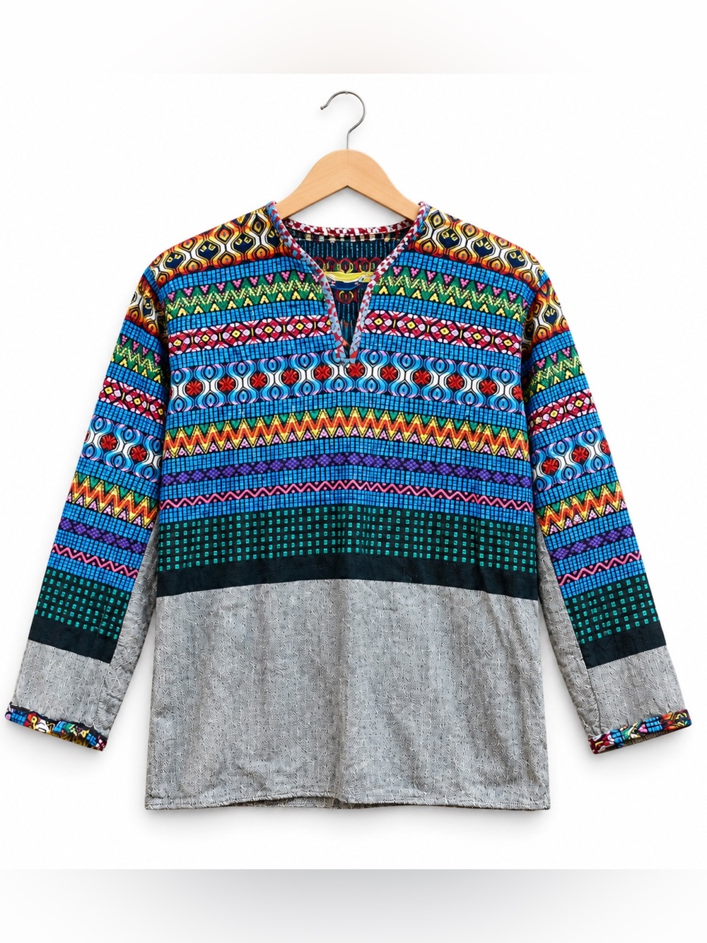 Guatemalan Woven 70's Pullover Long Sleeve Notched V Neck Top Sweater Mix Print